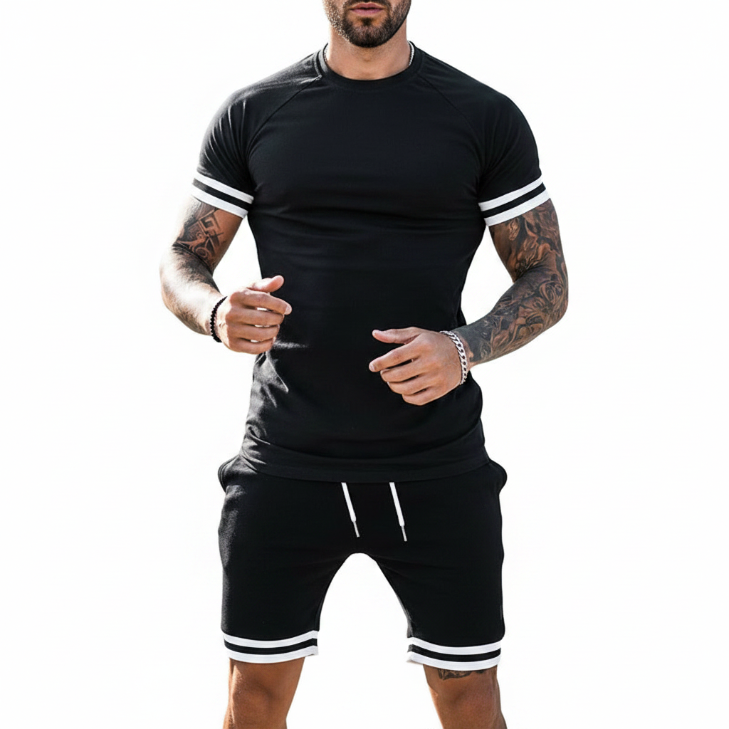 Men’s Slim Fit Short Sleeve T-Shirt and Shorts Set with White Stripe Detail 25