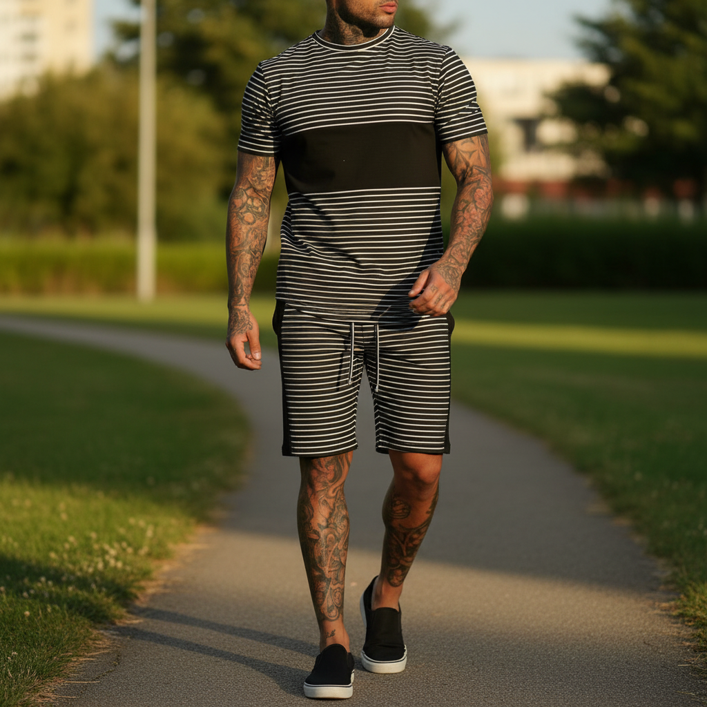 Men’s Slim Fit Short Sleeve T-Shirt and Shorts Set with White Stripe Detail 24