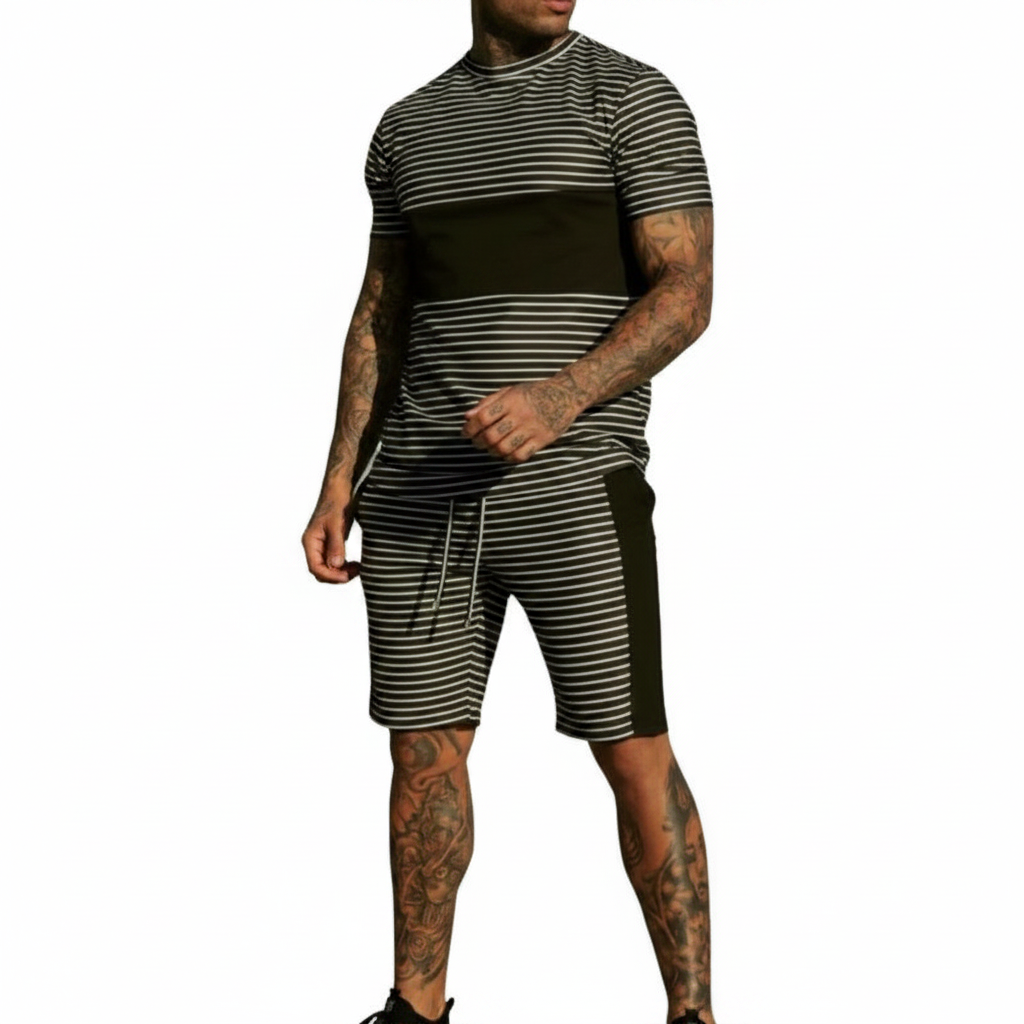 Men’s Slim Fit Short Sleeve T-Shirt and Shorts Set with White Stripe Detail 21