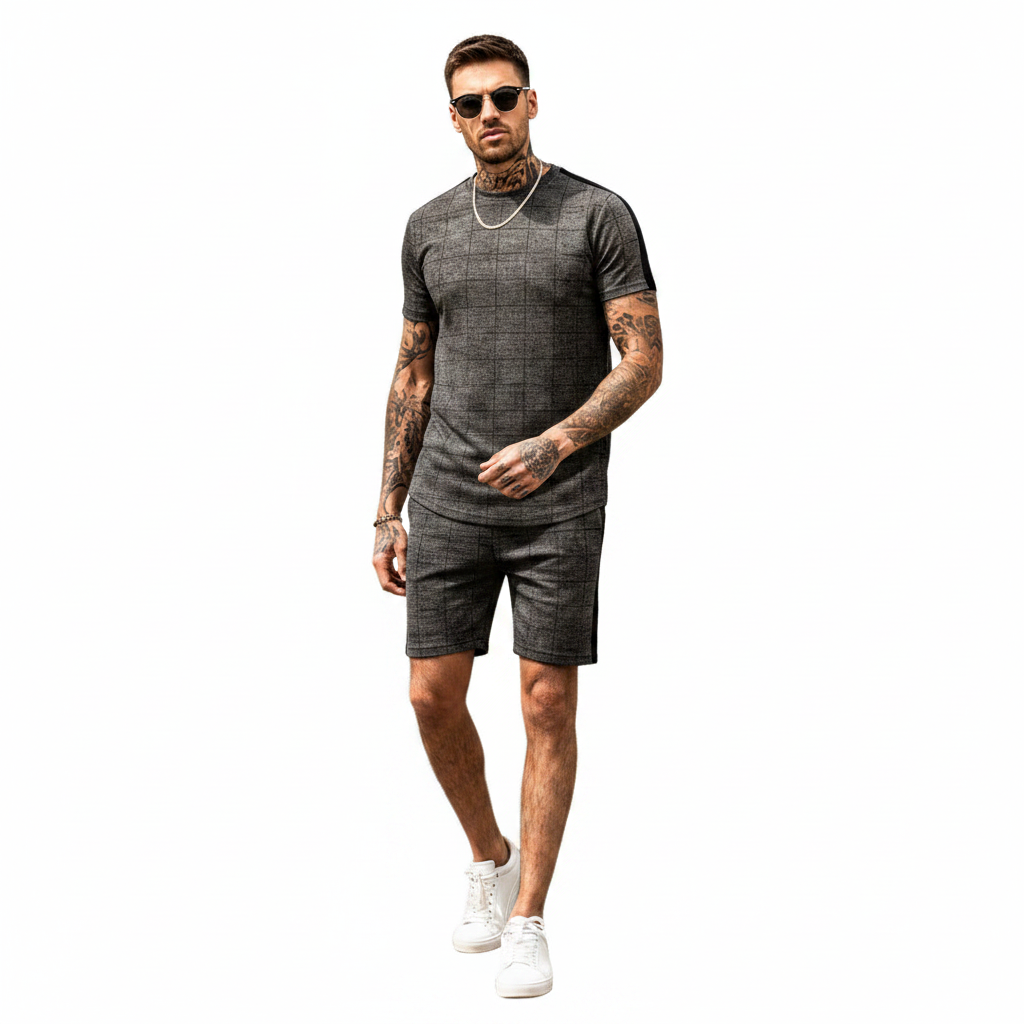 Men’s Slim Fit Short Sleeve T-Shirt and Shorts Set with White Stripe Detail 17