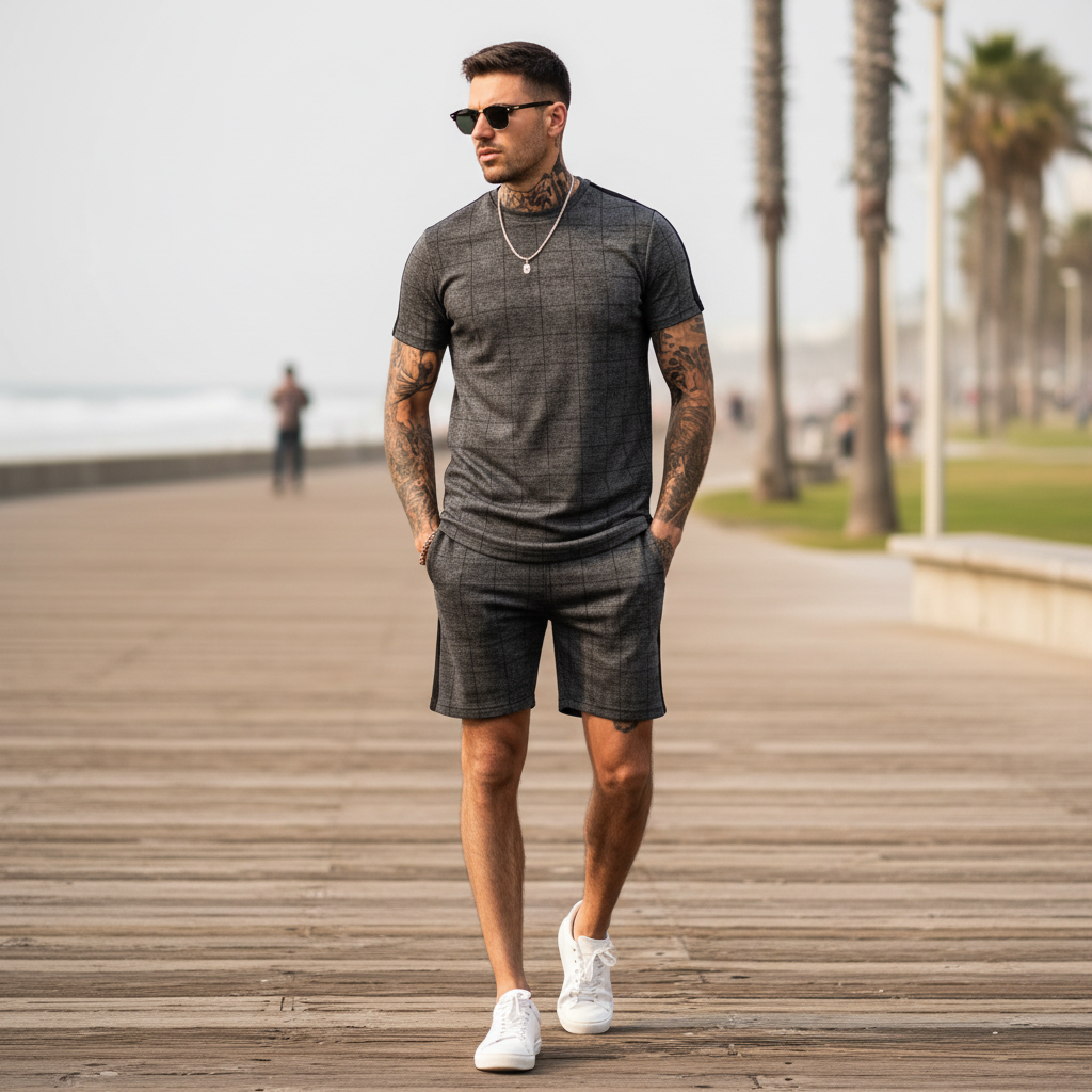Men’s Slim Fit Short Sleeve T-Shirt and Shorts Set with White Stripe Detail 20