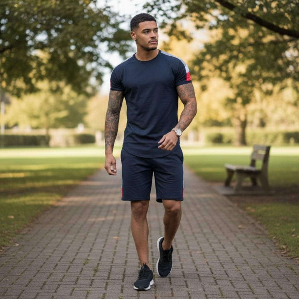 Men’s Slim Fit Short Sleeve T-Shirt and Shorts Set with White Stripe Detail 16