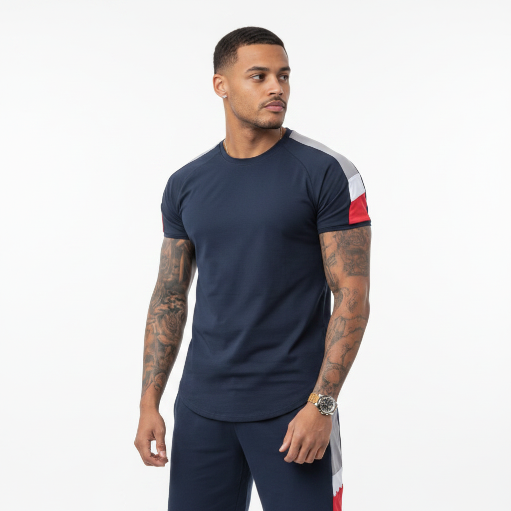 Men’s Slim Fit Short Sleeve T-Shirt and Shorts Set with White Stripe Detail 14
