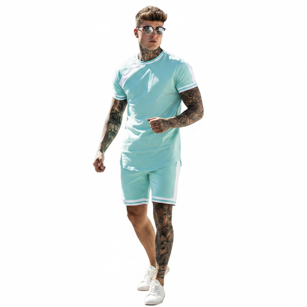 Men’s Slim Fit Short Sleeve T-Shirt and Shorts Set with White Stripe Detail 9