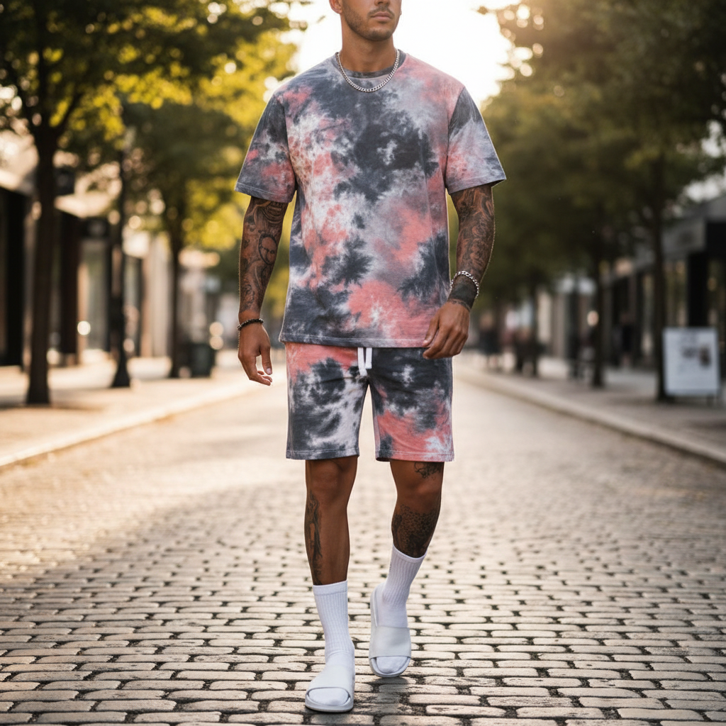 Men’s Slim Fit Short Sleeve T-Shirt and Shorts Set with White Stripe Detail 8