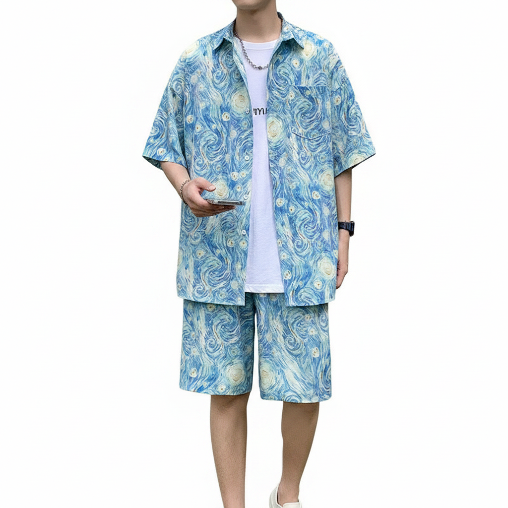 Men’s Beige Short Sleeve Button-Up Shirt and Shorts Set