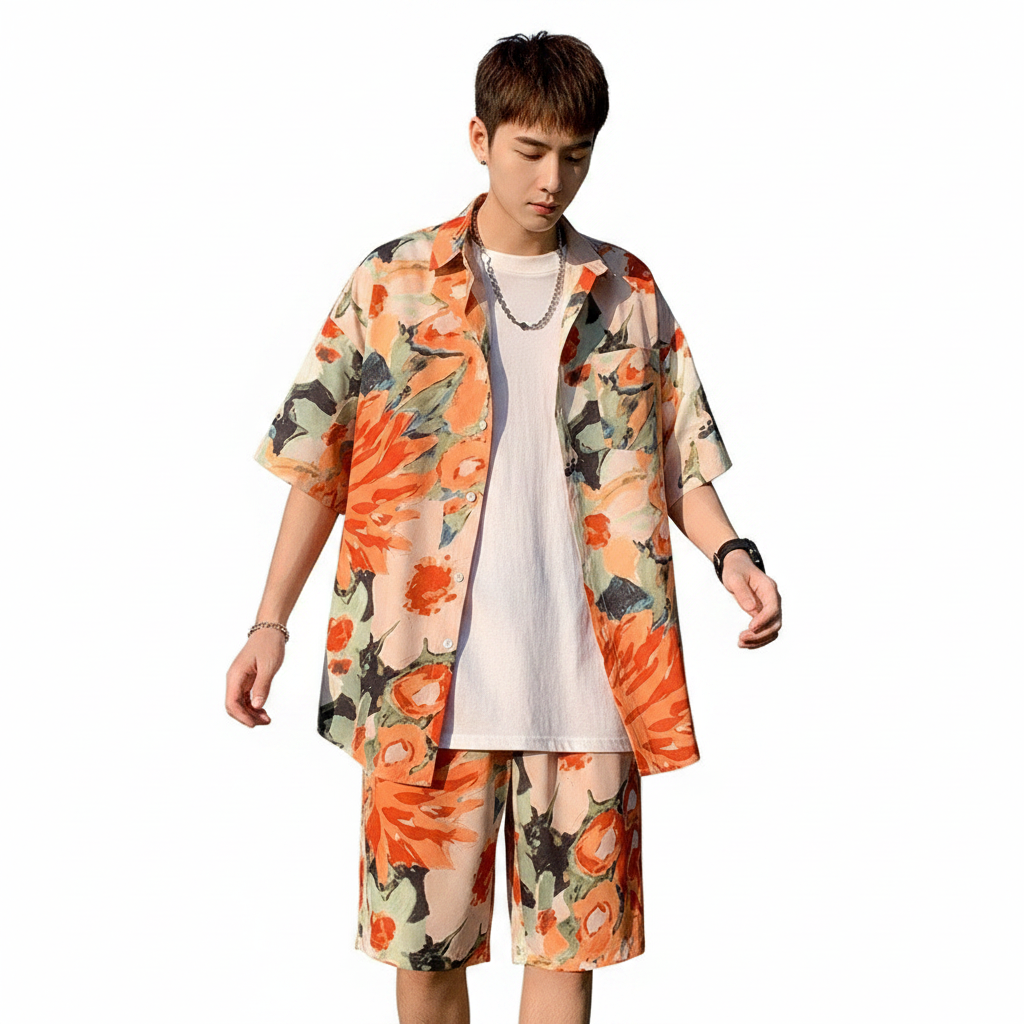Men’s Beige Short Sleeve Button-Up Shirt and Shorts Set 13