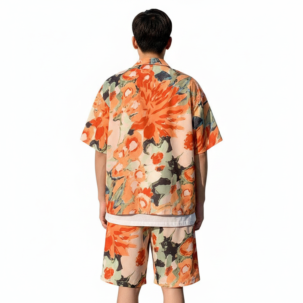 Men’s Beige Short Sleeve Button-Up Shirt and Shorts Set 14