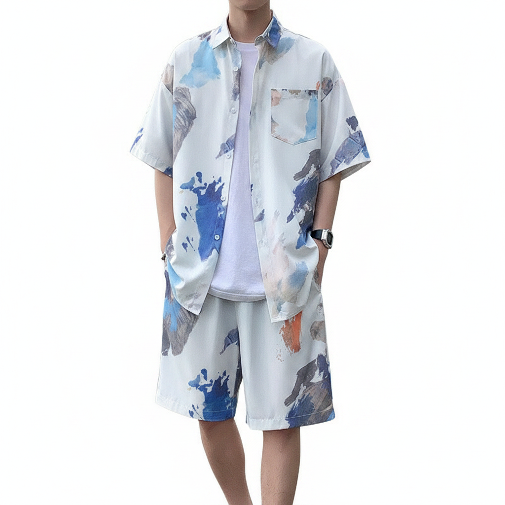 Men’s Beige Short Sleeve Button-Up Shirt and Shorts Set 8