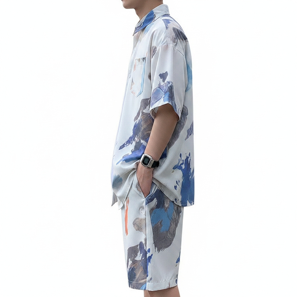 Men’s Beige Short Sleeve Button-Up Shirt and Shorts Set 11