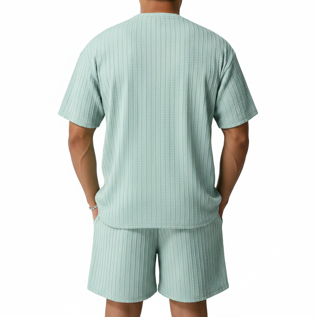 Men’s Summer Wear Ribbed Short Sleeve T-Shirt and Shorts Set 53