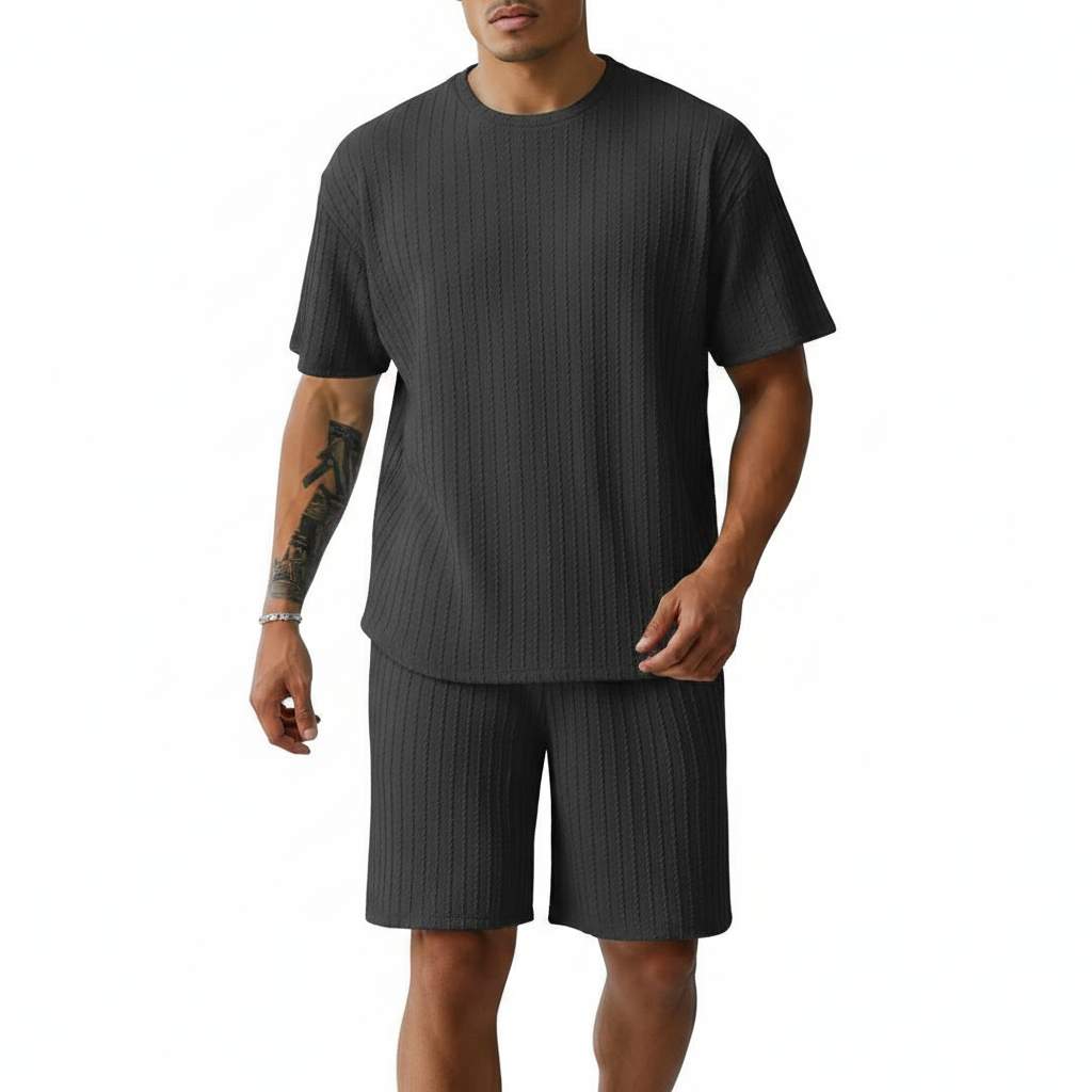 Men’s Summer Wear Ribbed Short Sleeve T-Shirt and Shorts Set 50