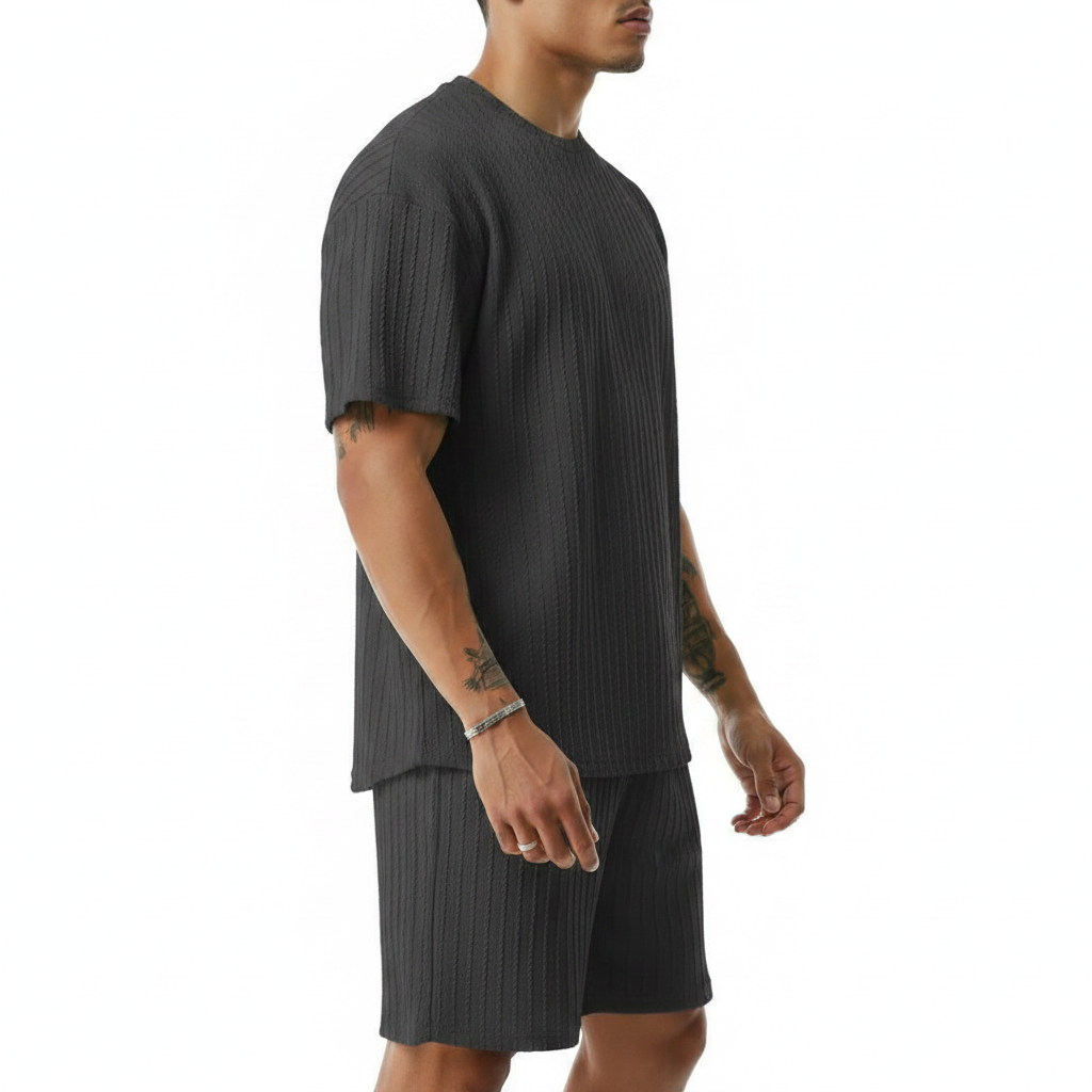 Men’s Summer Wear Ribbed Short Sleeve T-Shirt and Shorts Set 51