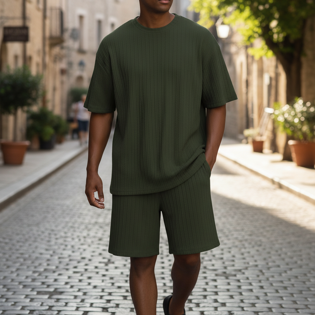Men’s Summer Wear Ribbed Short Sleeve T-Shirt and Shorts Set 48