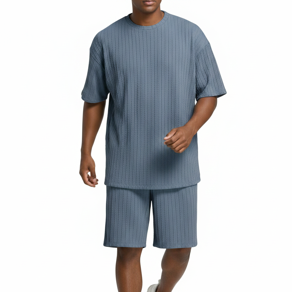 Men’s Summer Wear Ribbed Short Sleeve T-Shirt and Shorts Set 43