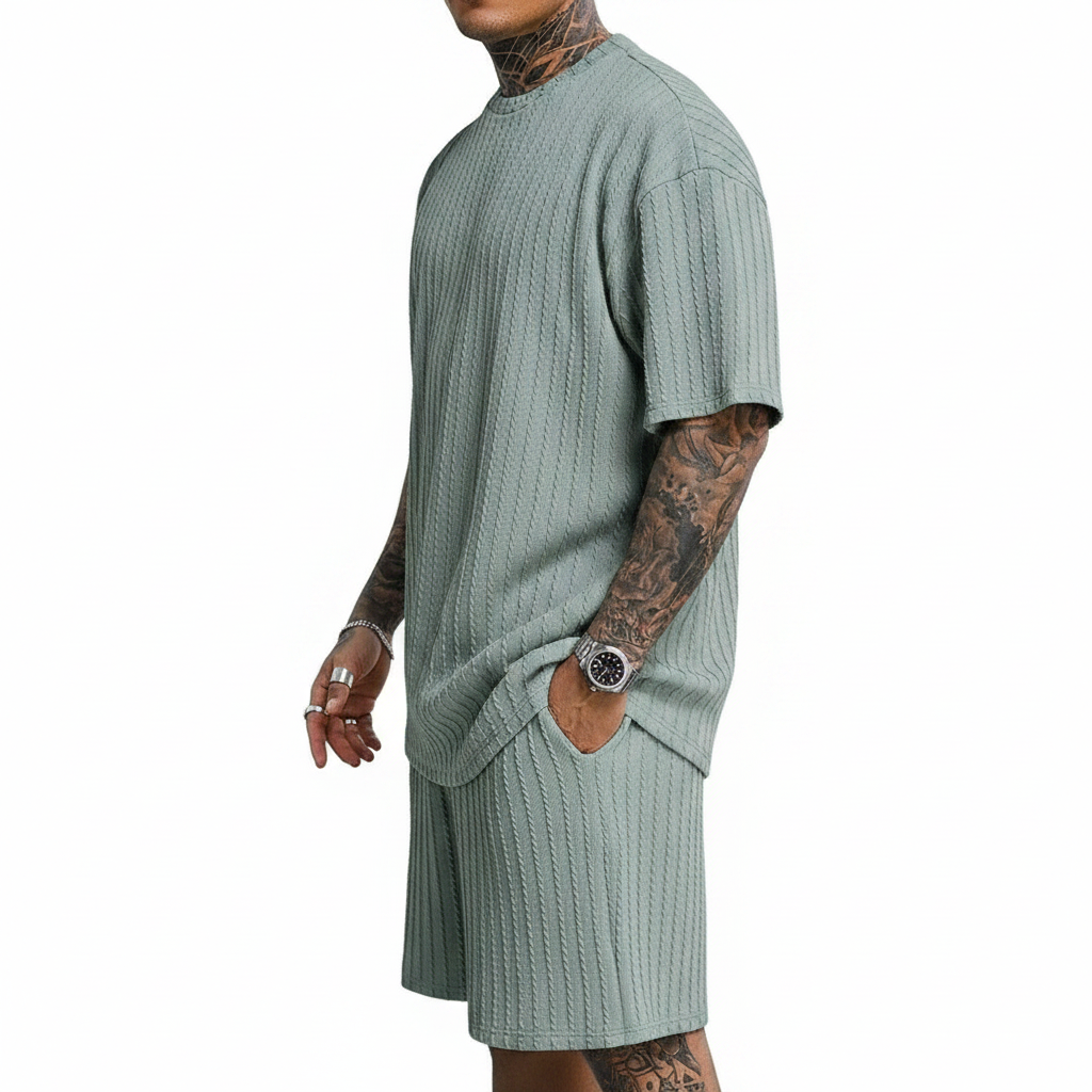 Men’s Summer Wear Ribbed Short Sleeve T-Shirt and Shorts Set 39