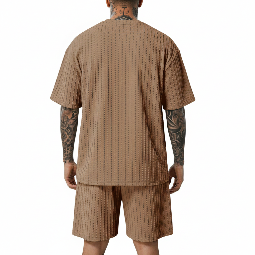 Men’s Summer Wear Ribbed Short Sleeve T-Shirt and Shorts Set 34