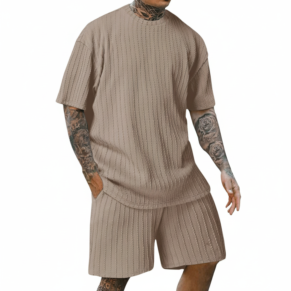 Men’s Summer Wear Ribbed Short Sleeve T-Shirt and Shorts Set 32