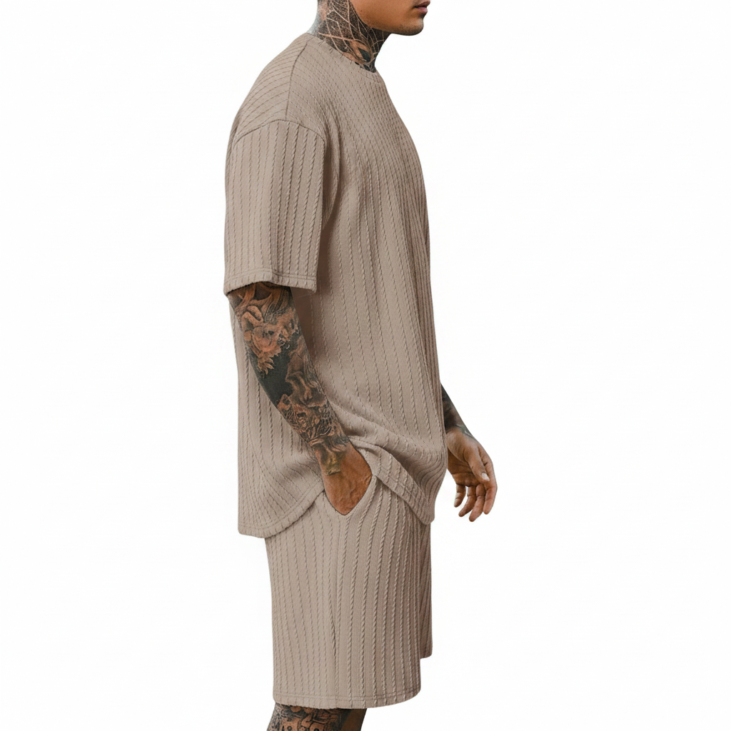 Men’s Summer Wear Ribbed Short Sleeve T-Shirt and Shorts Set 30