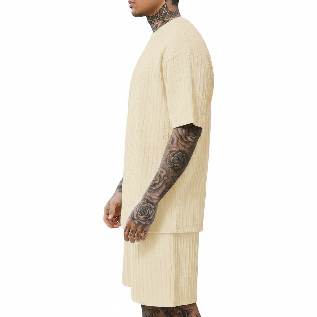 Men’s Summer Wear Ribbed Short Sleeve T-Shirt and Shorts Set 27