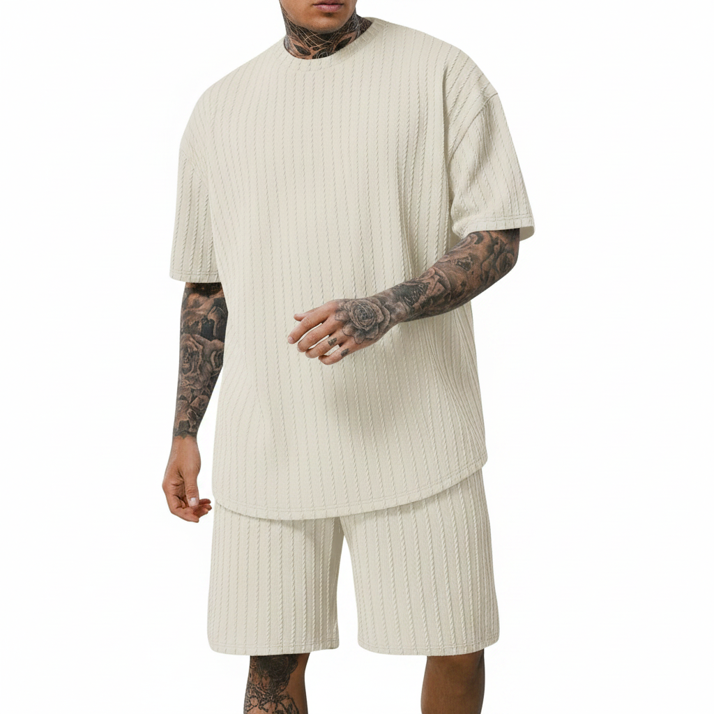Men’s Summer Wear Ribbed Short Sleeve T-Shirt and Shorts Set 22