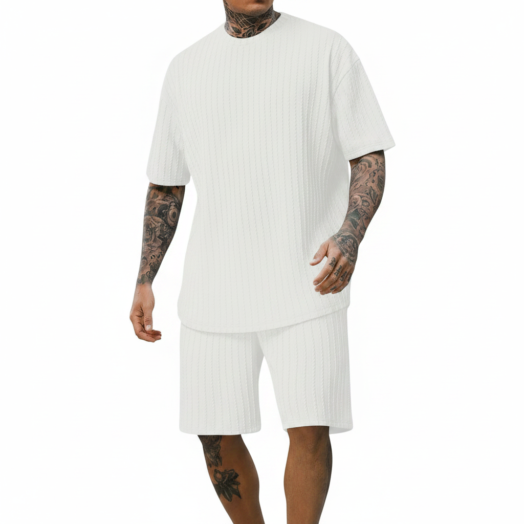 Men’s Summer Wear Ribbed Short Sleeve T-Shirt and Shorts Set 18