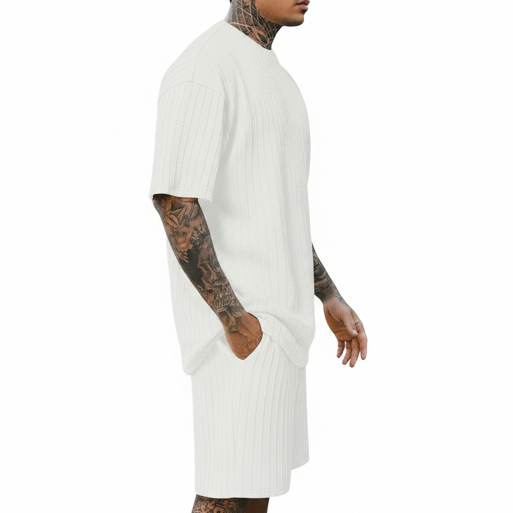 Men’s Summer Wear Ribbed Short Sleeve T-Shirt and Shorts Set 20