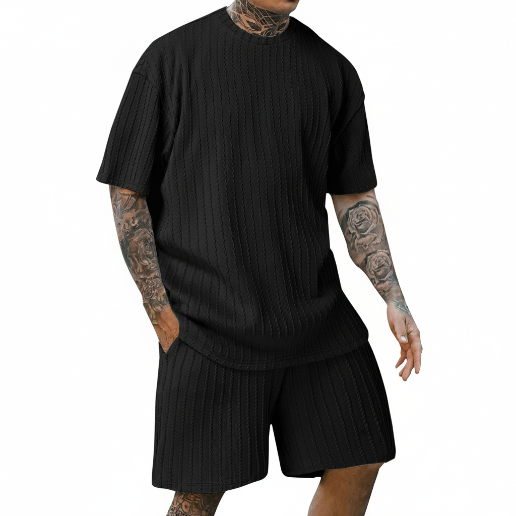 Men’s Summer Wear Ribbed Short Sleeve T-Shirt and Shorts Set 14