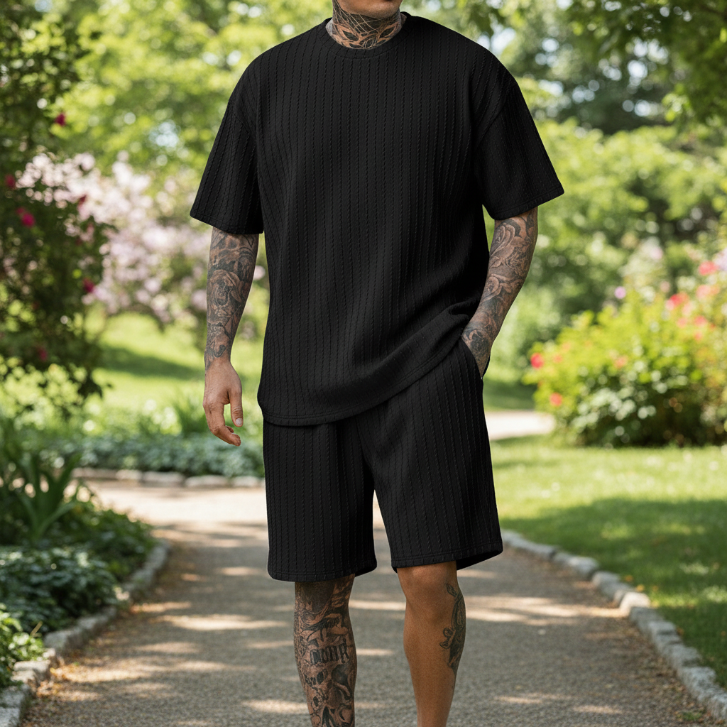 Men’s Summer Wear Ribbed Short Sleeve T-Shirt and Shorts Set 17