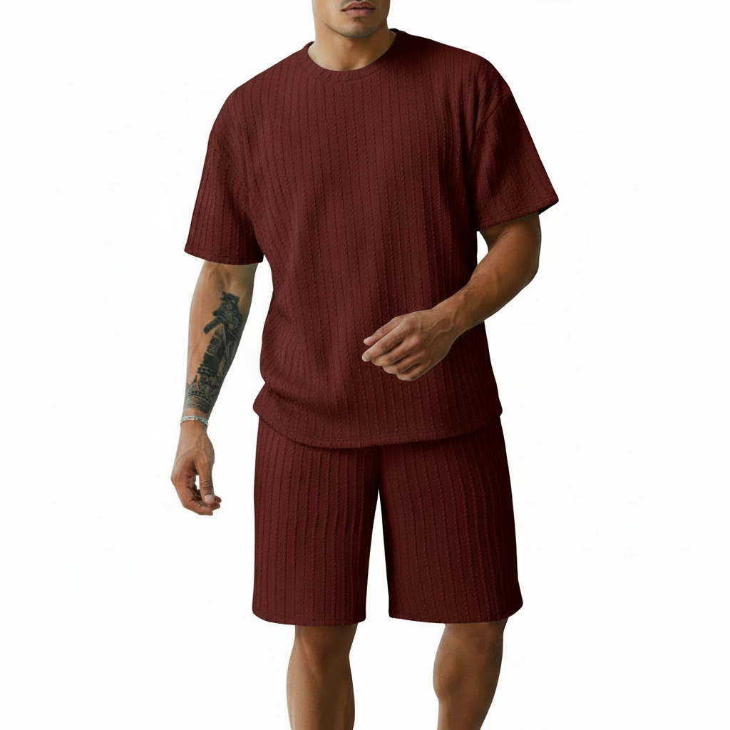 Men’s Summer Wear Ribbed Short Sleeve T-Shirt and Shorts Set