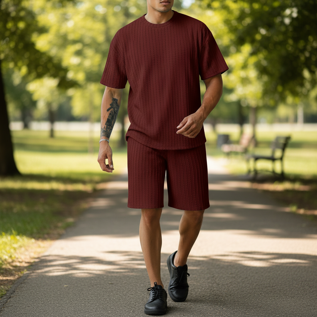 Men’s Summer Wear Ribbed Short Sleeve T-Shirt and Shorts Set 9