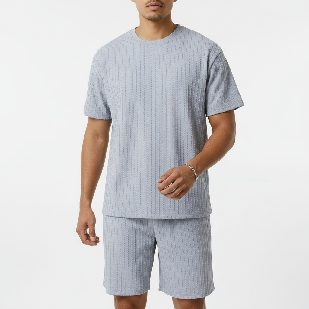 Men’s Summer Wear Ribbed Short Sleeve T-Shirt and Shorts Set 10