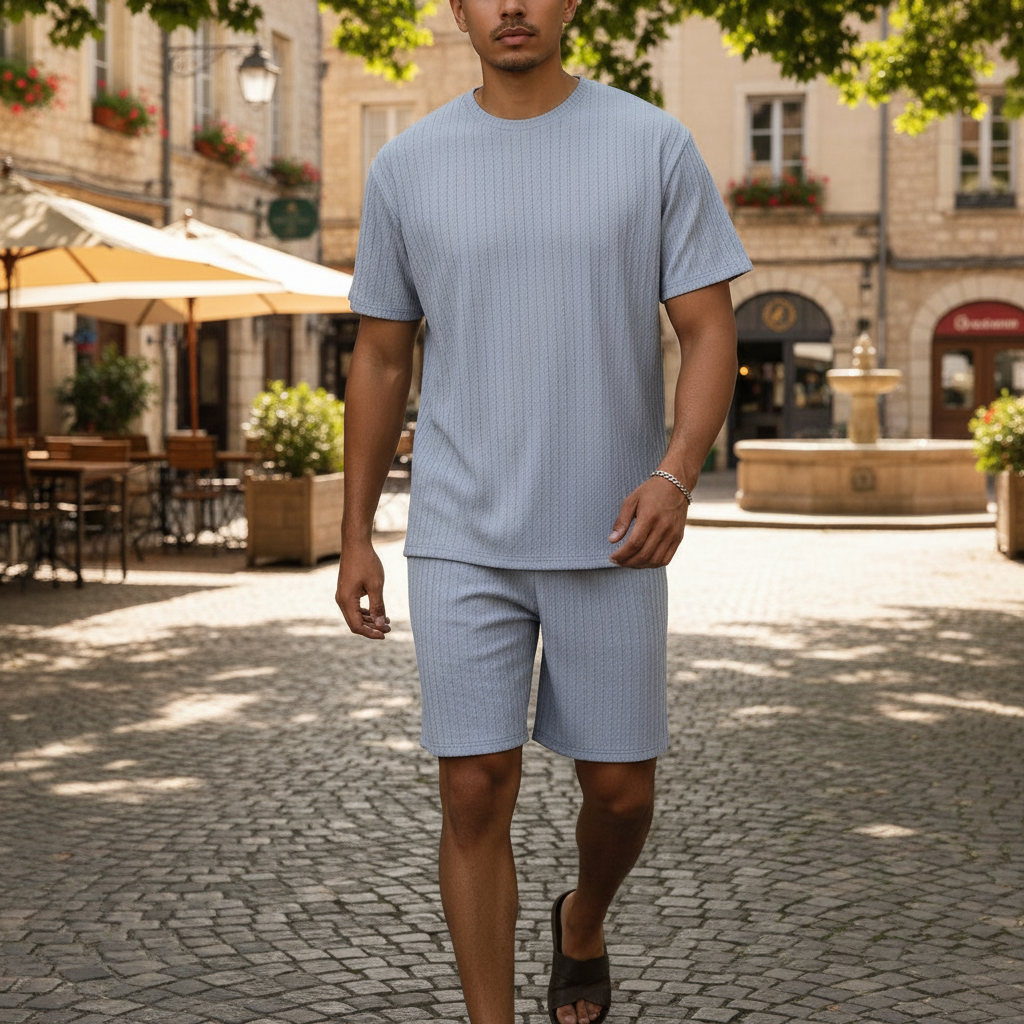 Men’s Summer Wear Ribbed Short Sleeve T-Shirt and Shorts Set 13