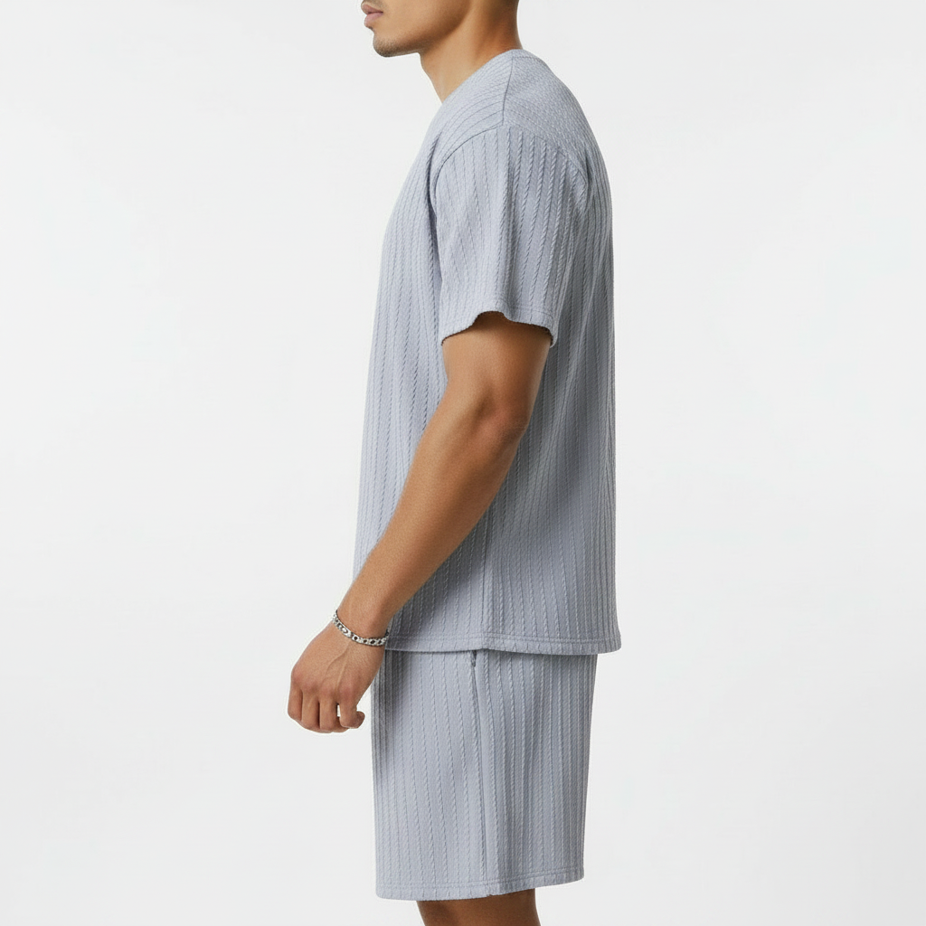 Men’s Summer Wear Ribbed Short Sleeve T-Shirt and Shorts Set 12