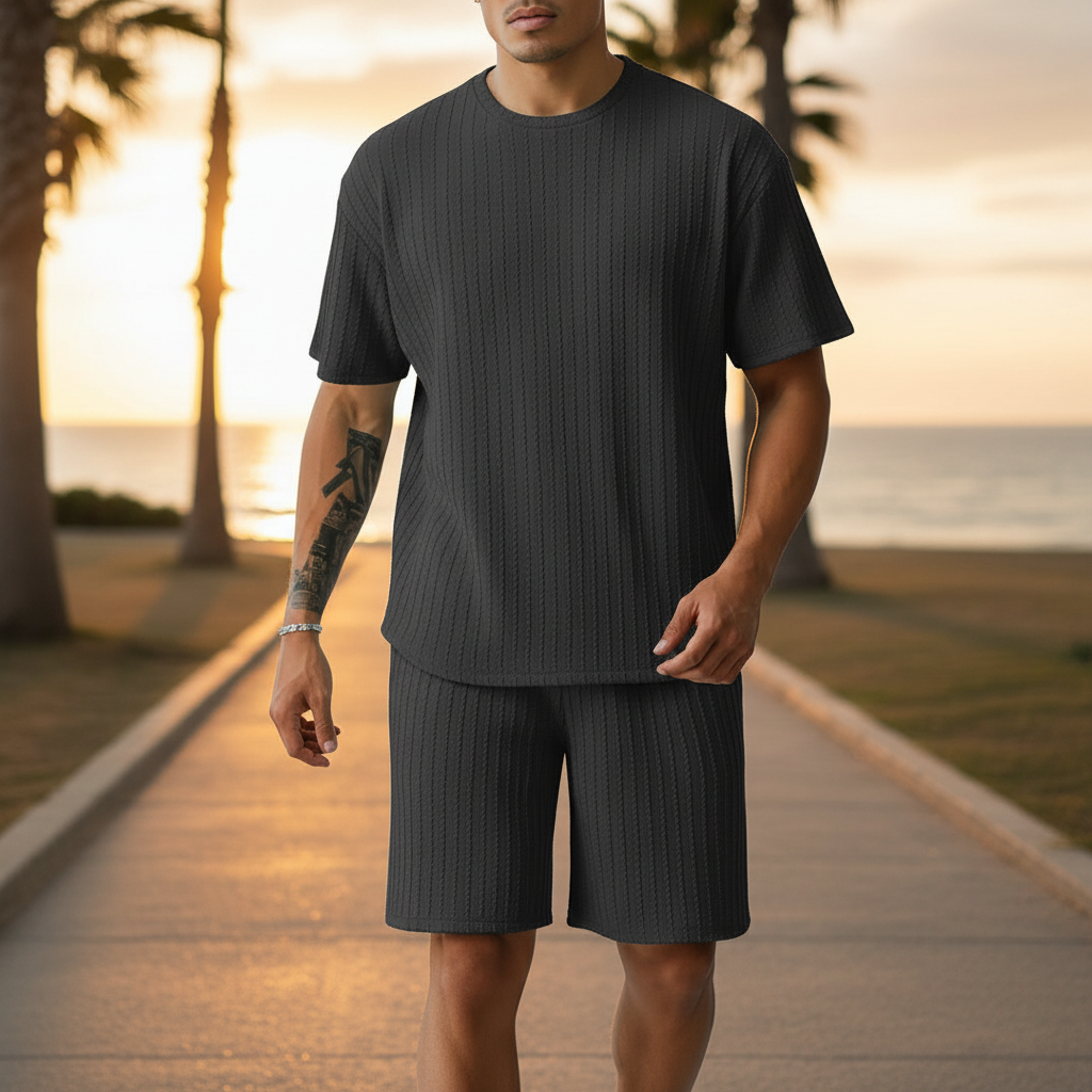 Men’s Summer Wear Ribbed Short Sleeve T-Shirt and Shorts Set 52