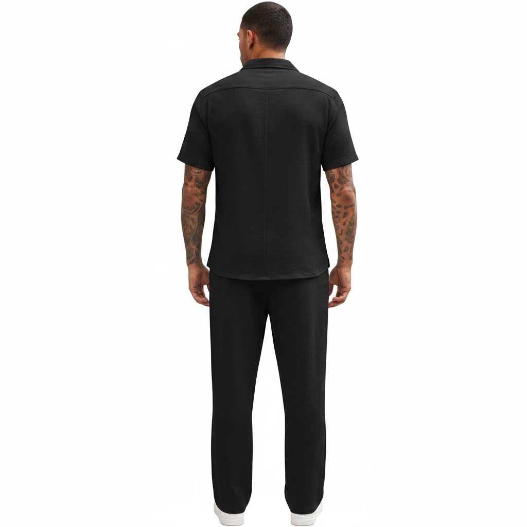 Men’s Ribbed Short Sleeve Button-Up Shirt with Drawstring Pants Set in Gray 7