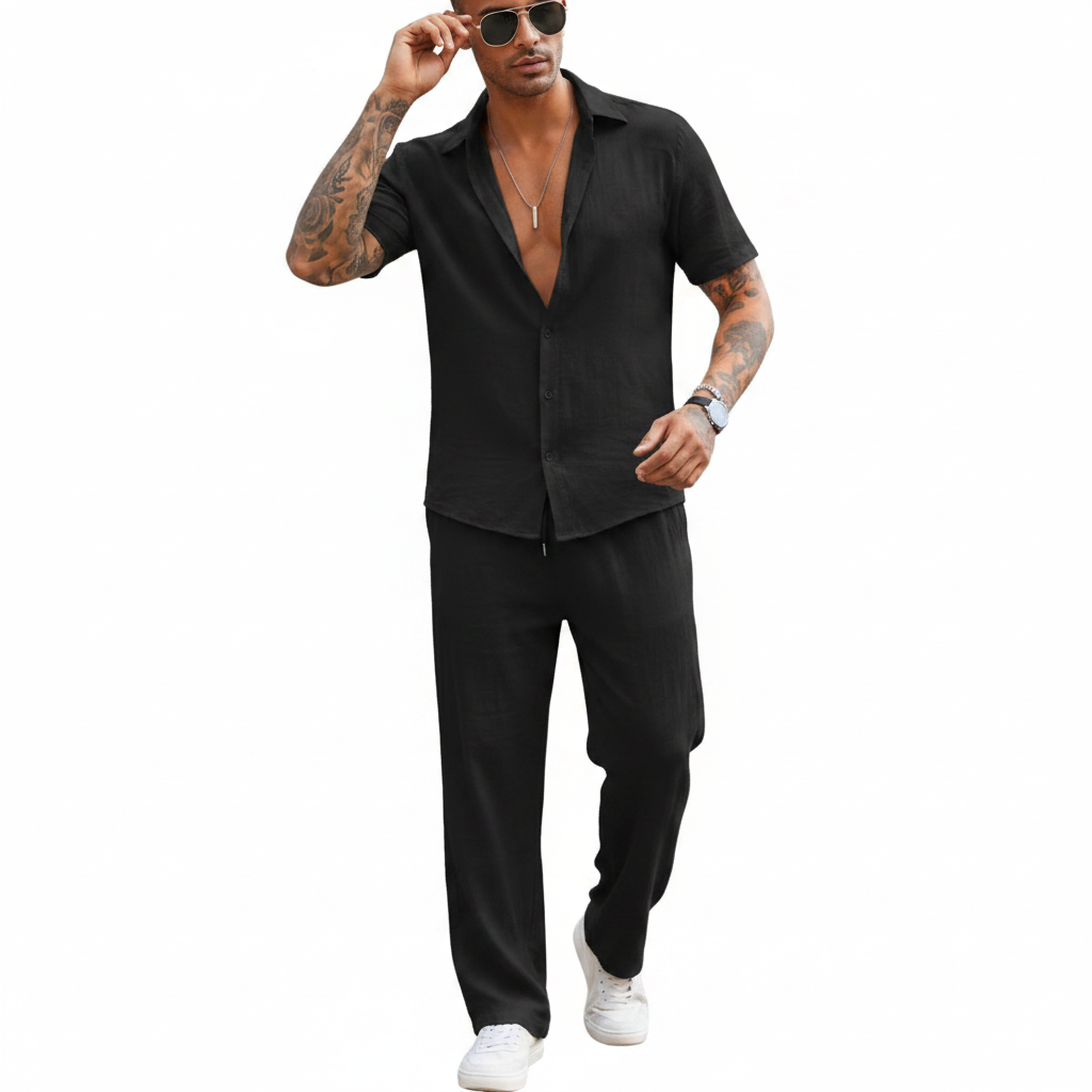 Men’s Ribbed Short Sleeve Button-Up Shirt with Drawstring Pants Set in Gray