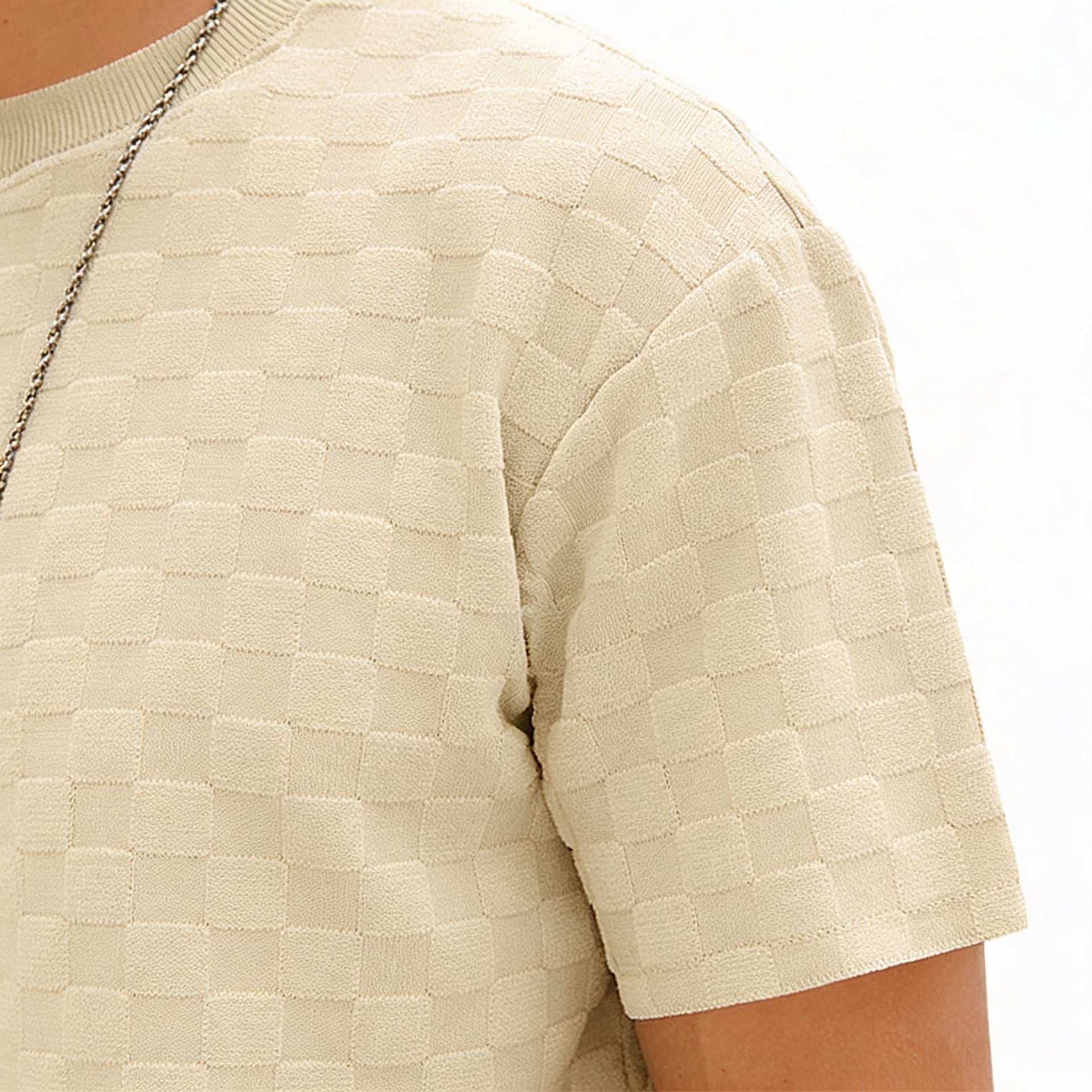 Men’s Gray Textured Checkered Short Sleeve T-Shirt and Drawstring Shorts Set